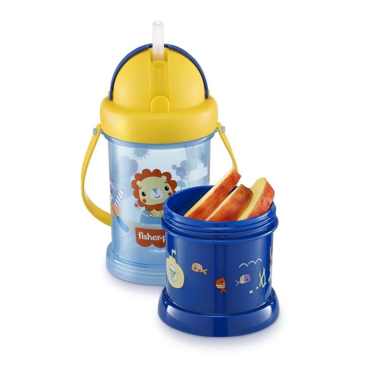 Copo Infantil com Porta Snacks Fisher-Price Playful 12+ meses, azul summer sky com capacidade de 300mL