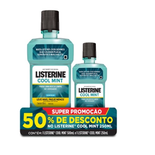 Enxaguante Bucal Listerine Cool Mint Hortelã 500ml + 50% de Desconto Listerine 250ml