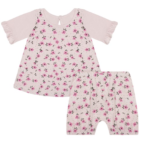 Bata babadinhos c/ Calcinha para bebê em malha flamê Florzinhas Rosa - Junkes Baby 