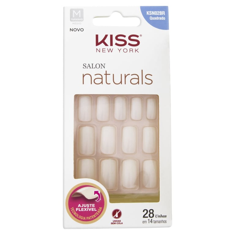 Unha Kiss Naturals Quadrada Medio 28unidades