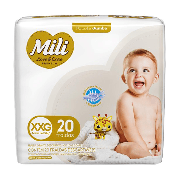 Fralda Mili Love & Care Premium XXG, pacote jumbo com 20 unidades