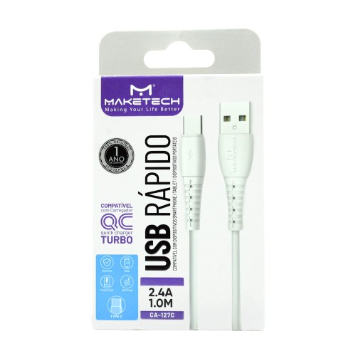 Cabo USB Tipo C Maketech CA 127C Branco 2,4A 1 Metro