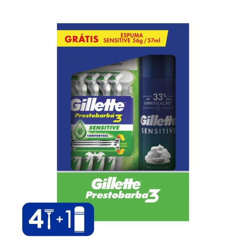 Aparelho De Barbear Gillette Prestobarba3 Sensitive 4 Unidades + Espuma De Barbear Gillette Sensitive 56g