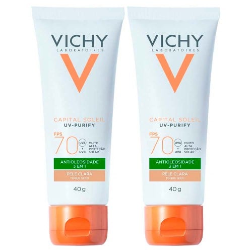 Vichy Idéal Soleil Purify Kit com 2 Unidades – Protetor Solar Facial com Cor FPS70 - Clara