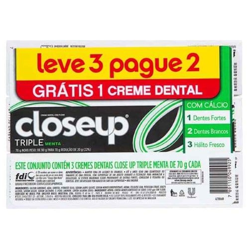 Creme Dental Close Up Triple Menta 70G C/3 Un