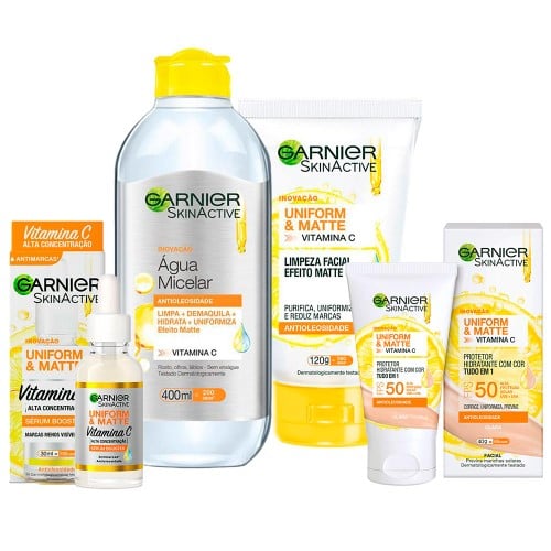 Garnier Skin Uniform & Matte Vitamina C Kit – Sérum + Gel de Limpeza + Água Micelar + Protetor Solar cor Clara