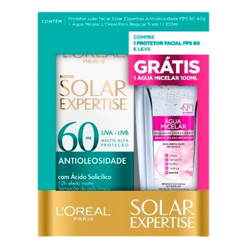 Kit L Oréal - 1 Protetor Solar Facial Expertise Antioleosidade FPS 60 40g + 1 Água Micelar 100ml