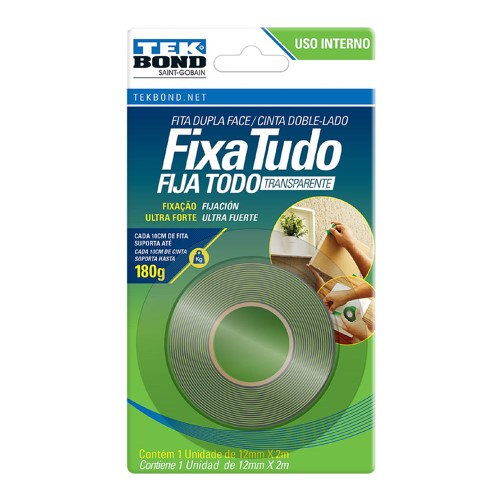 Fita Dupla Face Fixa Tudo Tekbond Acrílica Transparente 12mmX2m 1 Unidade