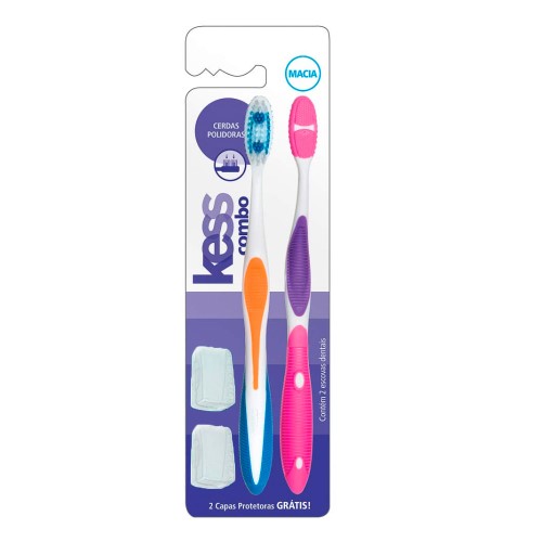 Escova Dental Kess Combo Macia Cores Sortidas 2 Unidades e Ganhe 2 Capas Protetoras