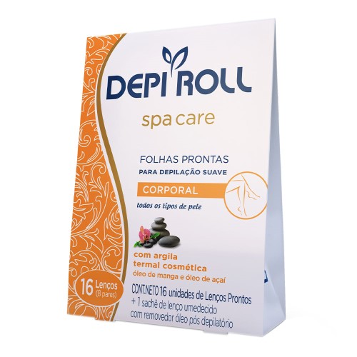 Depilador DepiRoll Spa Care Cera Fria para Virilha e Pernas Folhas Plásticas Prontas com 16 Unidades (8 Pares) + 1 Sachê de Lenço Umedecido com Remove