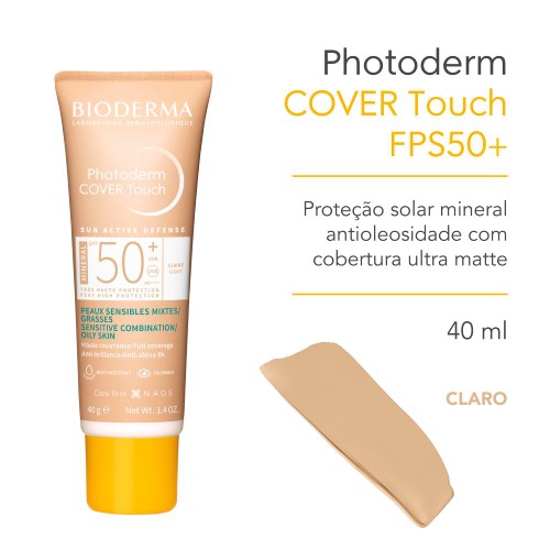 Protetor Solar Mineral Bioderma Photoderm Cover Touch FPS 50+ Para Pele Oleosa Cor Clara 40ml