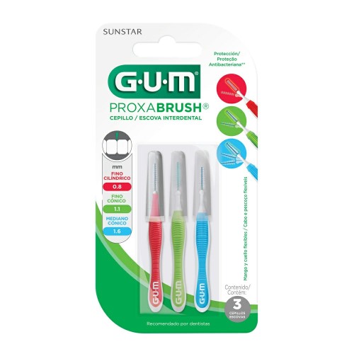 Escova Dental Interdental Sunstar Gum ProxaBrush Fino Cilíndrico 0.8mm, Fino Cônico 1.1mm, Mediono Cônico 1.6mm Proteção Antibactericida 3 Unidades