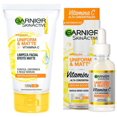 Garnier Skin Uniform & Matte Vitamina C Kit – Sérum Facial + Gel de Limpeza