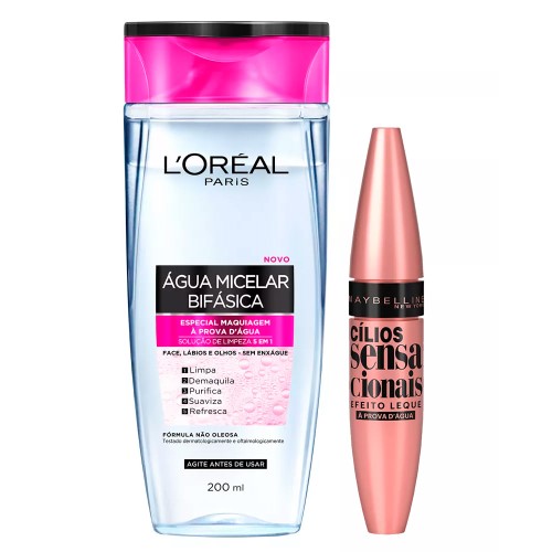 Maybelline Kit - Água Micelar Bifásica + Máscara de Cílios Sensacionais Waterproof