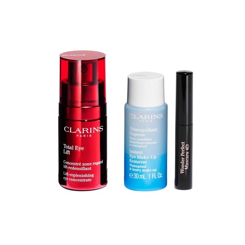 Clarins Eye Focus Kit – Demaquilante Instantâneo + Sérum para Olhos + Máscara de Cílios