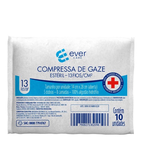 Compressa de Gaze Estéril Ever Care 13 Fios 10 Unidades