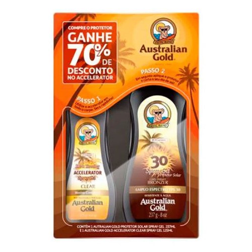 Protetor Solar Australian Gold FPS 30 Spray Gel 237ml + Ganhe 70% Desconto no Bronzeador Accelerator Clear Spray 125g