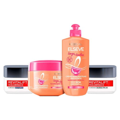 L’Oréal Paris Kit – Revitalift Hialurônico Diurno FPS20 + Noturno + Creme de Tratamento Longo dos Sonhos + Creme de Pentear