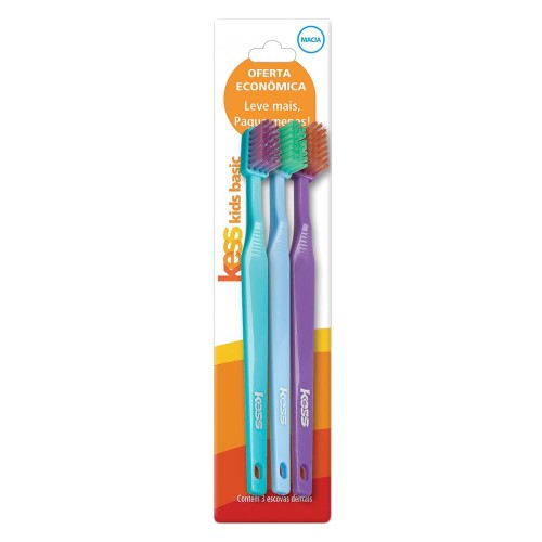 Escova Dental Kess Kids Basic Macia Cores Sortidas 3 Unidades