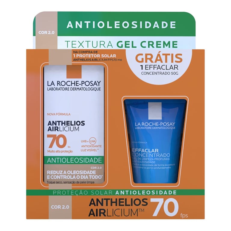 Kit La Roche-Posay Protetor Solar Facial Anthelios Airlicium FPS 70 Cor 2.0 40g + Gel de Limpeza Effaclar Concentrado 50g