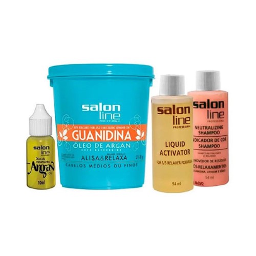 Creme de Relaxamento Salon Line Guanidina Óleo de Argan para Cabelos Médios ou Finos 218g +1 Shampoo Neutralizante 54ml + 1 Líquido Activador 54ml + 1