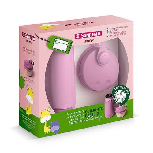 Conjunto Garrafa Térmica Infantil 250Ml + Pote para Leite em Pó Rosa