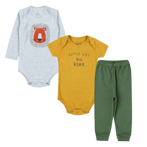 Kit: Body longo + Body curto + Calça para bebê em algodão Big Roar Leão - Orango Kids 