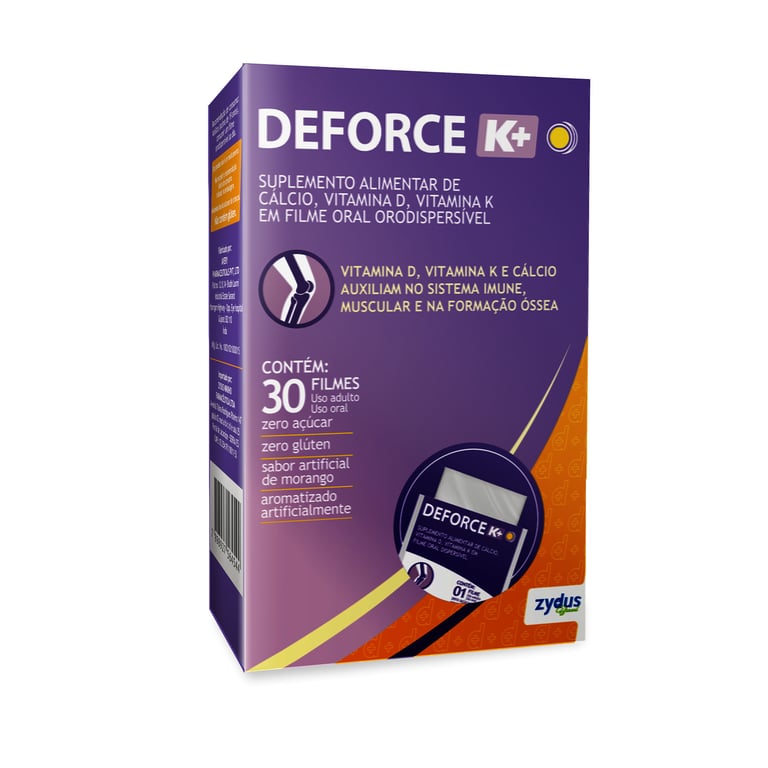 Deforce K+ Colecalciferol Vitamina K E Cálcio 2000UI + 9Mcg + 225mg Zydus Uso Oral 30 Filmes