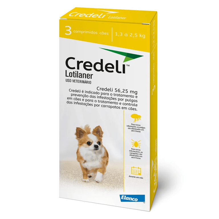 Credeli 56,25mg Antipulgas e Carrapatos para Cães de 1,3 a 2,5kg com 3 Comprimidos Mastigáveis