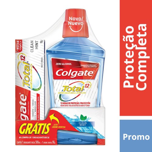 Enxaguante Bucal Colgate Total 12 Clean Mint 500ml + Creme Dental Colgate Total 12 90g