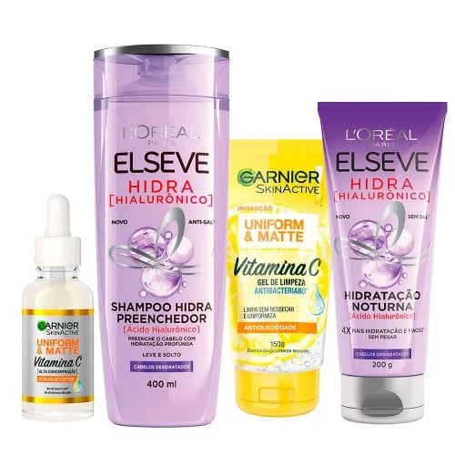 Garnier + Elseve Kit – Gel de Limpeza Facial + Sérum Facial + Creme Hidratação Noturna + Shampoo Preenchedor