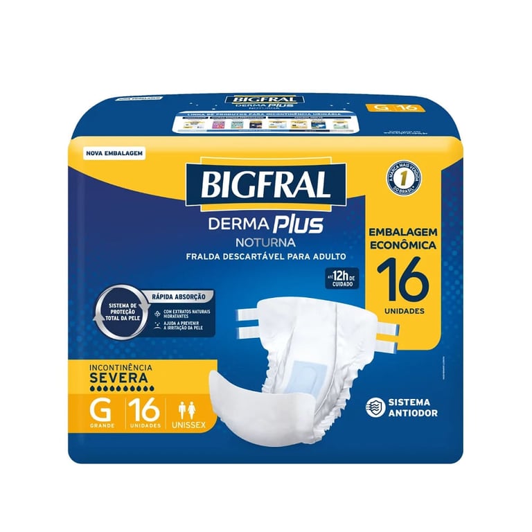 Fralda Geriátrica Derma Plus Noturna Bigfral Tamanho G 16 Unidades