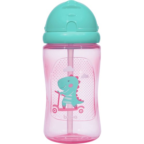 Garrafinha Copo Infantil Com Canudo Dino 400ml Rosa - Buba