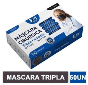 Mascara Cirurgica Descartavel Cor Preto Tripla Camada Com Elastico 50 unidades