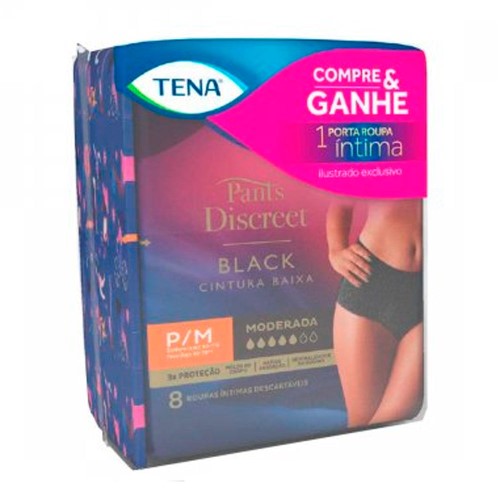 Roupa Íntima Tena Pants Discreet Black Tamanho P/M 8 Unidades e Ganhe Porta Roupa Íntima