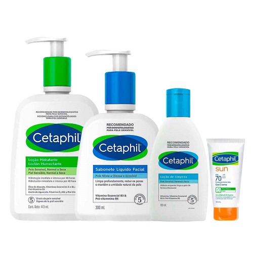 Cetaphil Kit – Sabonete Líquido + Loção de Limpeza + Protetor Solar + Loção Hidratante