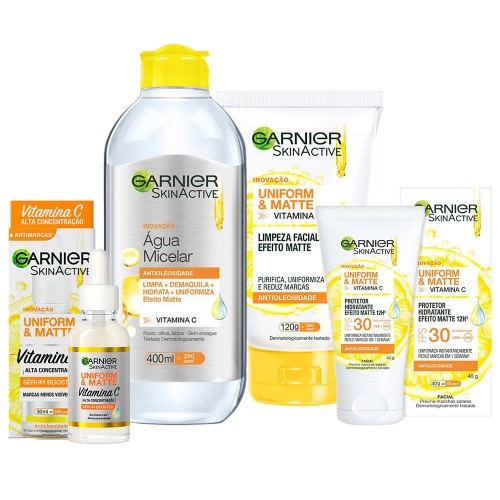 Garnier Skin Uniform & Matte Vitamina C Kit – Sérum + Gel de Limpeza + Água Micelar + Hidratante