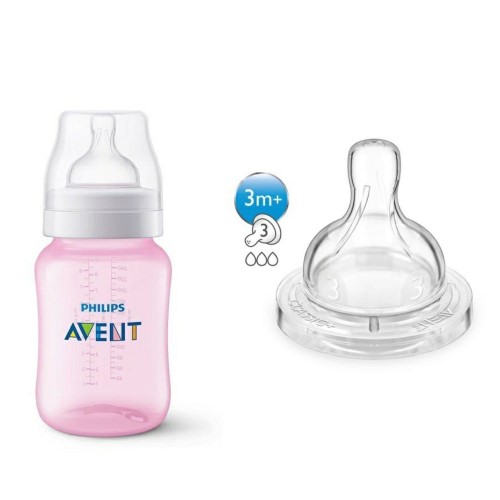 Kit Mamadeira ANTI-COLIC Avent 260ML + Bico 3 - SCD809/27 - Rosa