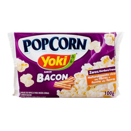 Pipoca para Microondas Popcorn Yoki Bacon 0% Gordura Transgênicas, Rico em Fibras, Fonte de Ferro 100g