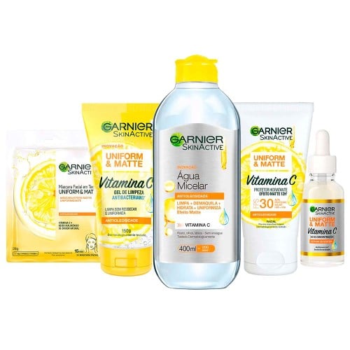 Garnier Vitamina C Kit – Sérum Facial + Gel de Limpeza + Água Micelar + Protetor Hidratante Facial FPS30 + Máscara Facial