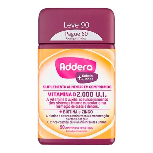 Addera 2000UI Vitamina D cabelos e unhas com 90 comprimidos