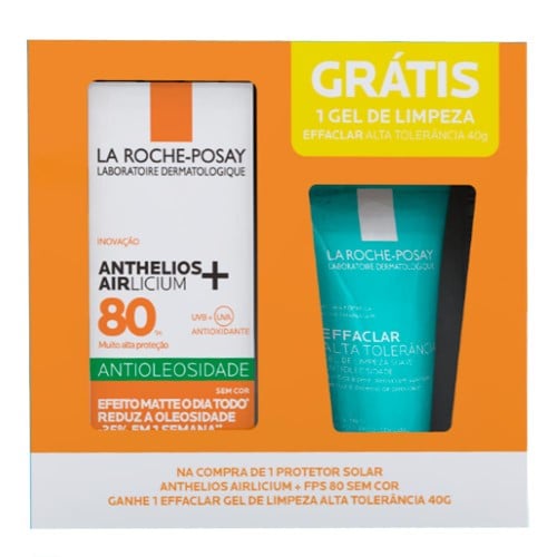 Kit Facial La Roche-Posay - 1 Protetor Solar Anthelios Airlicium Antioleosidade FPS 80 40g + 1 Gel de Limpeza Effaclar Alta Tolerância 40g