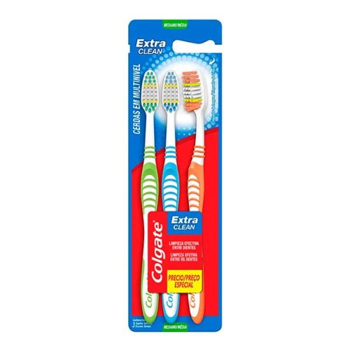 Escova de Dente Colgate Extra Clean Média com 3 unidades