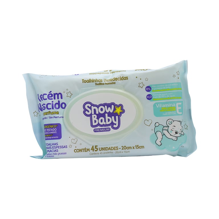 Toalhas Umedecidas Infantil Snow Baby Recém Nascido Premium com 45 Unidades