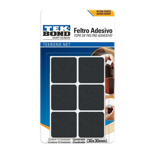 Feltro Adesivo Tekbond Quadrado Preto 30x30mm 12 Unidades