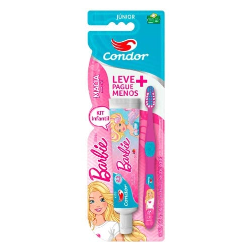 Escova Dental Infantil Condor Barbie + Gel Dental com Flúor Bubble Gum 50g