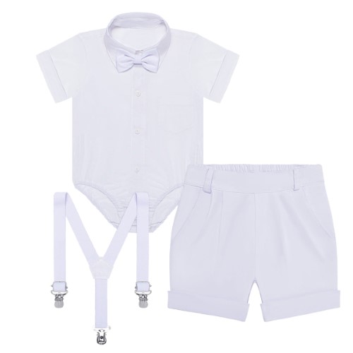 Body Camisa c/ Short & Suspensório para bebê em tricoline Branco - Roana