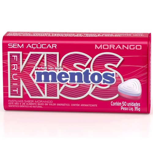 Bala Kiss Mentos Sabor Morango Sem Açúcar com 50 unidades