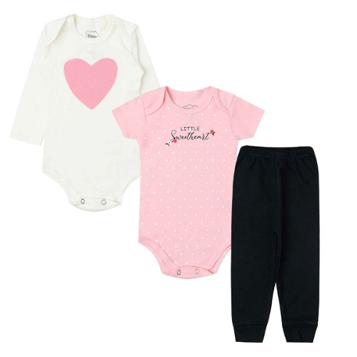 Kit: Body longo + Body curto + Calça para bebê em algodão Coração Little Sweetheart - Orango Kids