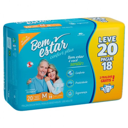 Fralda Geriátrica Bem Estar Comfort Plus Adulto Média Leve 20 Pague 18